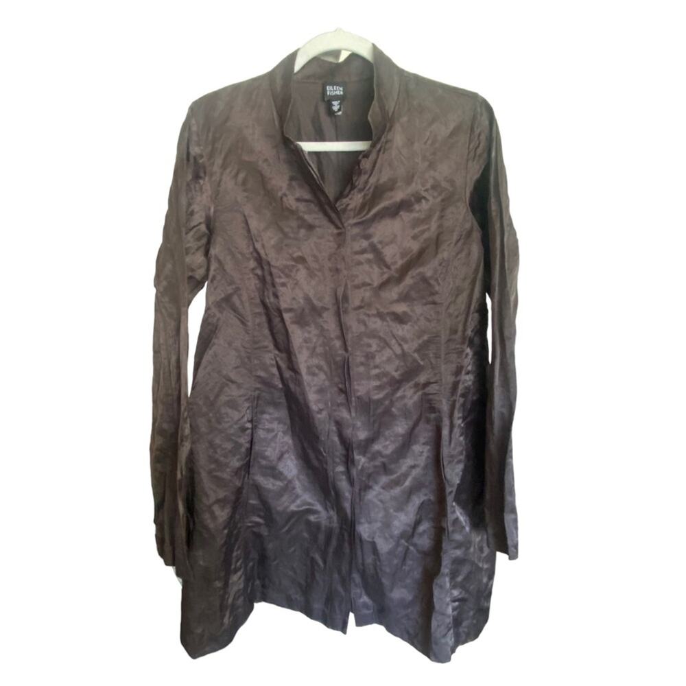 Eileen Fisher Size Medium Brown Metallic Cotton Blend Crinkled Fabric Coat